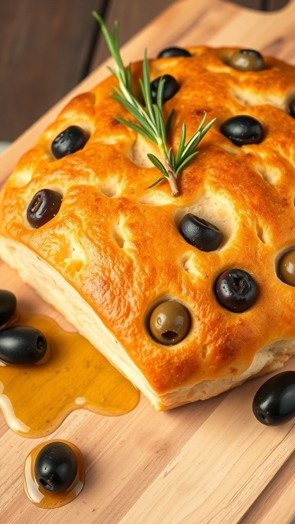 Olive Focaccia Bread Recipe Golden brown olive focaccia bread with dimples, topped with olives and rosemary on a wooden board.